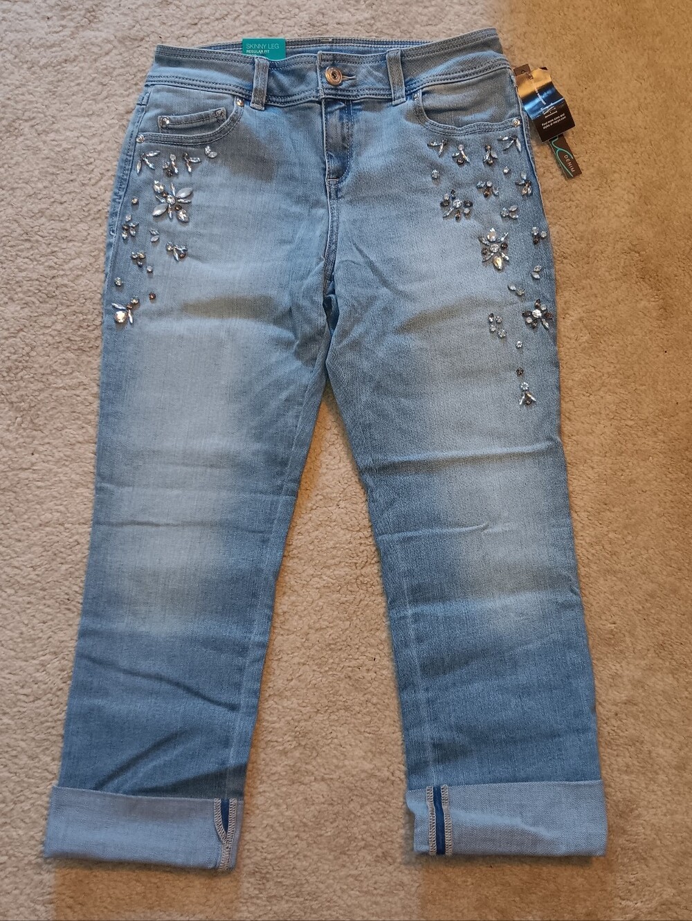 INC Skinny Leg Regular Fit Crop Jeans Jewelled Accents Stretch Denim Sz 4 NEW